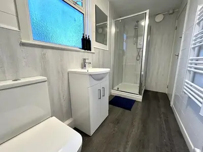 a bathroom with a toilet and a sink and a shower at The Old Corner Shop - Wellington Terrace in Falmouth