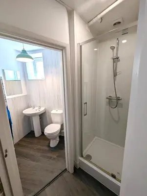 a bathroom with a shower and a toilet and a sink at The Old Corner Shop - Wellington Terrace in Falmouth