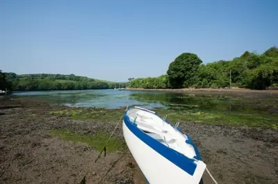 a blue and white boat on the shore of a river at Holly in Kea