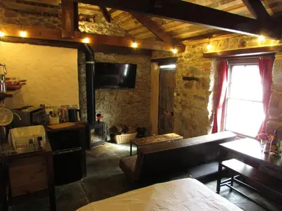 a living room with a couch and a television in a room at Cornwall Log Burner no cleaning fee in Camborne