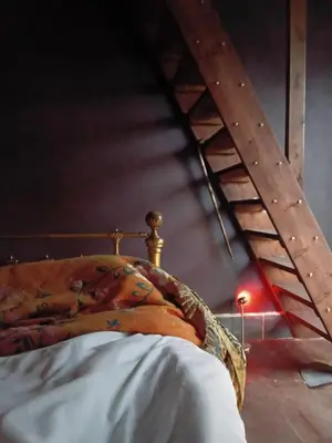 a close up of a bed with a ladder at Tin Miners Captain Georgian hs, parking, Logburner in Camborne