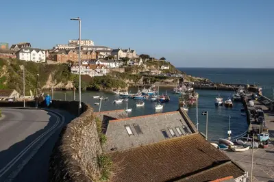 a view of a harbor with boats in the water at Boho-Chic Apartment with Sea Views & Parking in Newquay