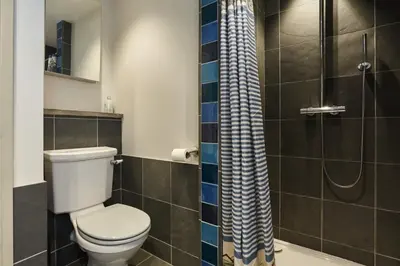 a bathroom with a toilet and a shower at Cornish Cottage St Agnes free parking and garden in St. Agnes