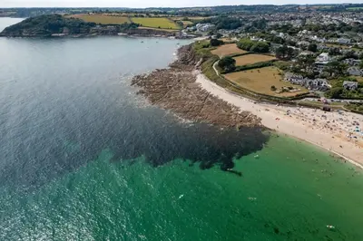 an aerial view of a beach and the ocean at Scandi Style Apartment in Central Falmouth in Falmouth