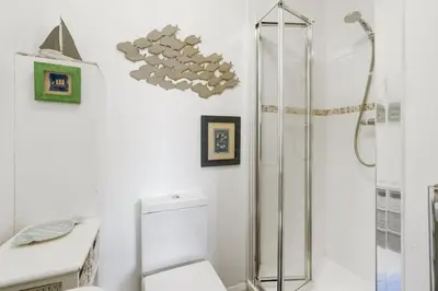 a bathroom with a shower and a toilet at Homely Cottage & Garden nr Fowey Private Parking in Par