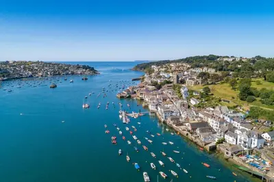 an aerial view of a harbor with boats in the water at Spacious Flat A Few Mins Walk to Carlyon Bay Beach in Carlyon Bay