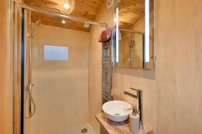 a bathroom with a sink and a shower at Finest Retreats - Demelza Shepherds Hut in Grade