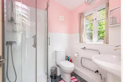 a bathroom with a toilet and a sink and a shower at Tinners Forge a pretty cottage near Mevagissey in St Austell