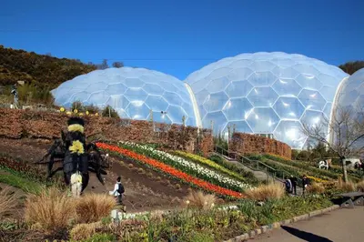 a group of domes in a garden with flowers at Cuckoo Tor Lanteglos woodland coastline nearby in Lanteglos