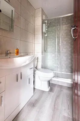a bathroom with a toilet and a sink and a shower at Rowan Retreat - sleeps 2 - Nr Looe and Polperro in Lanreath