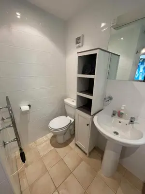 a white bathroom with a toilet and a sink at Villa 19 Lanteglos 2 bed sleep 5 in Lanteglos