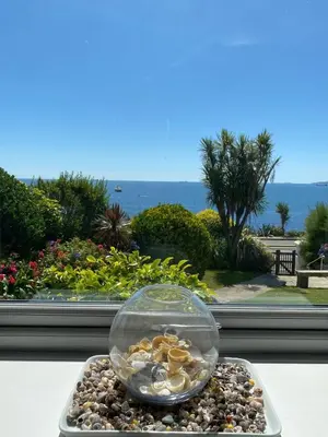 a bowl of shells on a table with a view of the ocean at Stunning Sea View Apartment in Falmouth