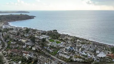 an aerial view of a town next to the ocean at Stylish 3-Bed Home - 2 Mins to Beach & Town in Falmouth