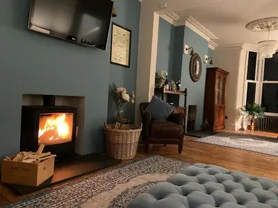 a living room with a fireplace and a tv at Fimbarr's Reach in Fowey