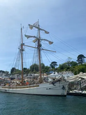 a large white boat sitting in the water at Fimbarr's Reach in Fowey