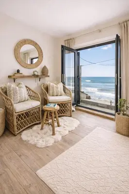 a living room with a view of the ocean at The Little Lobster in Porthleven