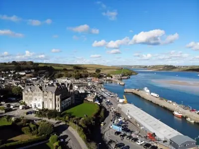 an aerial view of a town next to a body of water at No 1 Exbury Padstow in Padstow