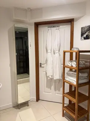 a bathroom with a door with a robe hanging at White Lodge Ocean View Apartment Mawgan Porth in Mawgan Porth