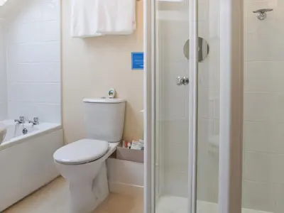 a white bathroom with a toilet and a shower at Cowshed - Uk49024 in Liskeard