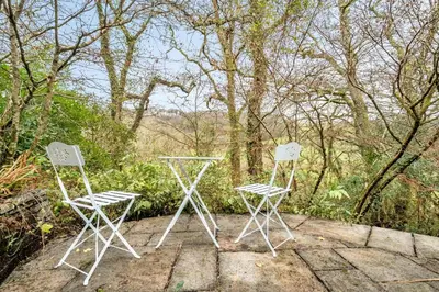 two chairs and a table in front of some trees at 2 Bed in Tresarrett oc-b34255 in Blisland