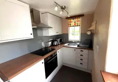 a small kitchen with white cabinets and a sink at Cottage - Sleeps 2 - River Lynher walks & fishing in Linkinhorne