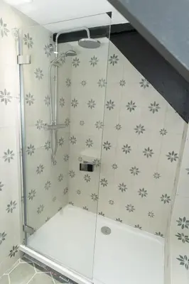 a shower with a glass door in a bathroom at Steppes Lodge in Looe