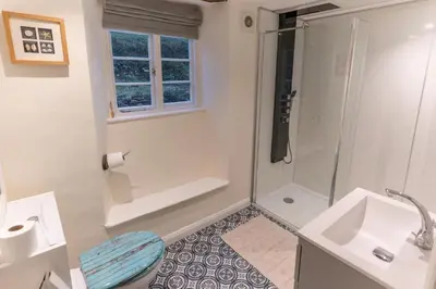 a bathroom with a shower and a toilet and a sink at Steppes Lodge in Looe