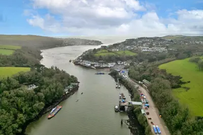 an aerial view of a river with boats in it at Finest Retreats - Kits House at Mixtow Creek in Lanteglos