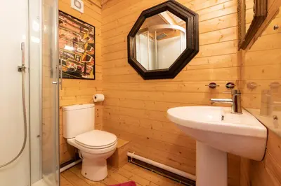 a bathroom with a toilet and a sink and a mirror at The Cabin at Little Bosveal near the Helford River....lovely location in Mawnan Smith