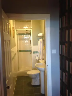 a bathroom with a shower and a toilet and a sink at The White House Hotel in Newquay