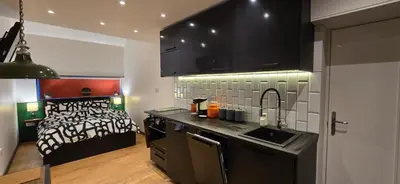 a kitchen with a sink and a bed in a room at Hove Too in Saint Day