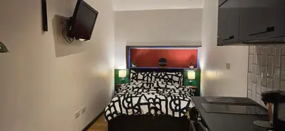 a bedroom with a bed and a flat screen tv at Hove Too in Saint Day