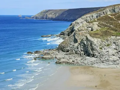 an aerial view of a beach near the ocean at Ash in Scorrier