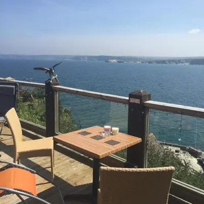 a bird sitting on top of a deck with a table at Seaside Apartment in Newquay