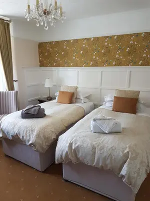 a bedroom with two beds and a chandelier at Dolphin Guest House in Looe