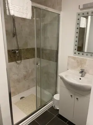 a bathroom with a shower and a sink at Sawyers Bed and Breakfast in Looe