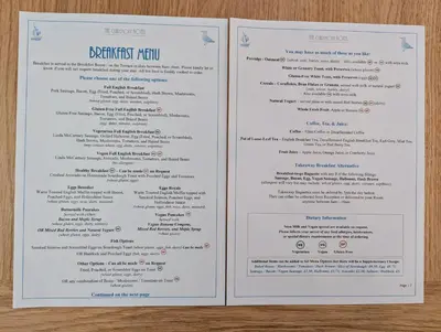 two pages of a menu for a restaurant at The Claremont Hotel-Adult Only in Polperro