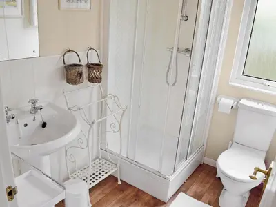 a bathroom with a shower and a toilet and a sink at Driftwood in St Merryn