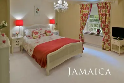 a bedroom with a large bed and a television at Caroe Farm House in Otterham