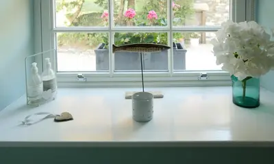 a table with a vase of flowers and a window at Caroe Farm House in Otterham