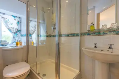 a bathroom with a shower and a toilet and a sink at The Old Coach House in Boscastle