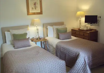 a hotel room with two beds and a tv at Woodlands in Looe