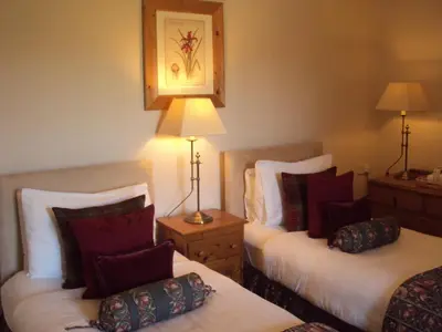 a hotel room with two beds with red pillows at Woodlands in Looe