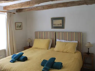 a bedroom with a large bed with blue pillows at Harry in Bodmin