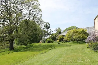 a field with trees and a house in the background at Dick Cottage in Bodmin