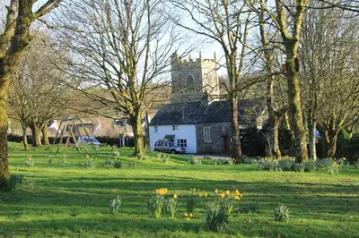 a house in a field with flowers in the grass at Dick Cottage in Bodmin