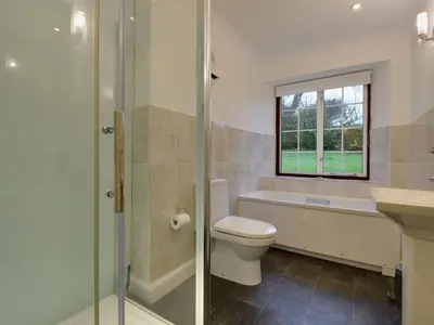 a bathroom with a toilet and a sink and a shower at Higher Tumrose in Blisland