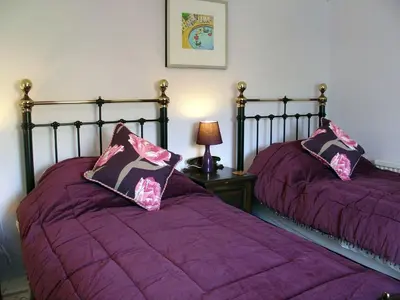 two beds in a room with purple sheets and a lamp at Heightley House in Tintagel