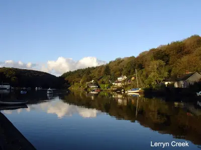 a river with houses and boats in a valley at Kingbarth in Lerryn