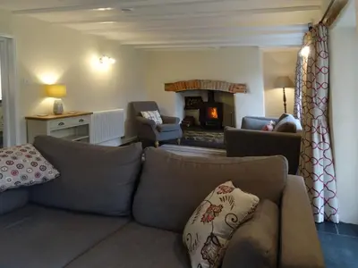 a living room with a couch and a fireplace at Kingbarth in Lerryn